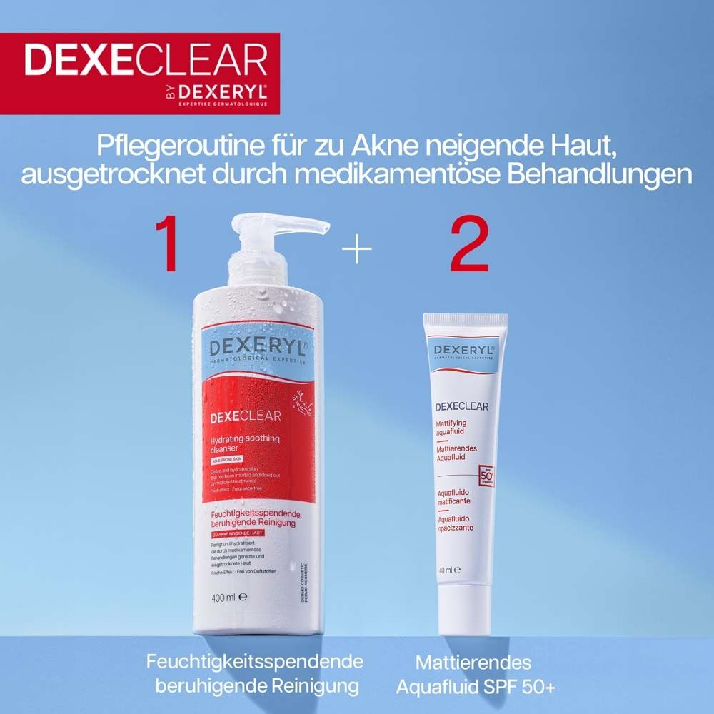 Zwei Produkte: Flasche und Tube. Text: Feuchtigkeitsspendende, beruhigende Reinigung und Mattierendes Aquafuid SPF 50+.