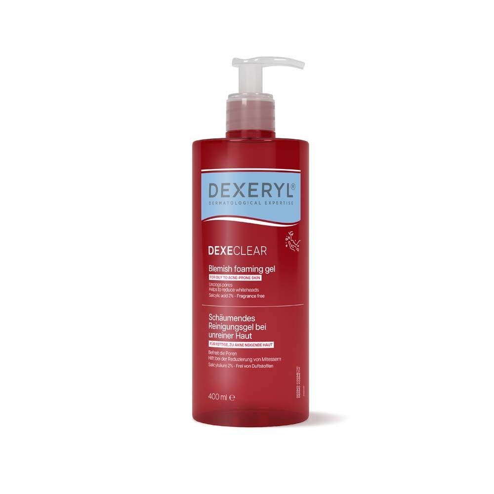 Rote Flasche mit Pumpe. Aufschrift: DEXECLAR, schäumendes Reinigungsgel bei unreiner Haut.