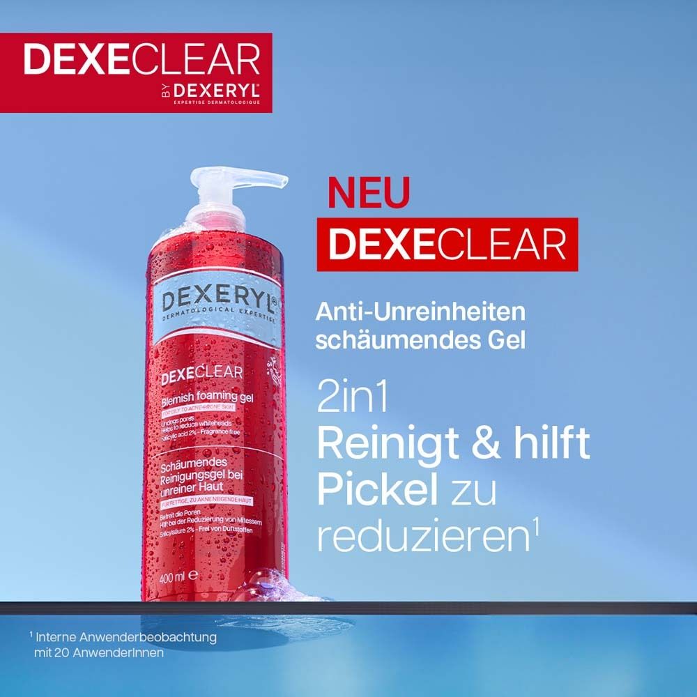 Rote Flasche mit Pumpe. Aufschrift: DEXECLAR, Anti-Unreinheiten schäumendes Gel. Text: Reinigt & hilft Pickel zu reduzieren.