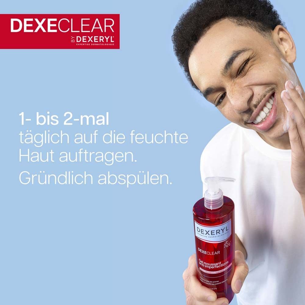 Mann mit Flasche. Aufschrift: DEXECLAR. Text: 1- bis 2-mal täglich auf die feuchte Haut auftragen. Gründlich abspülen.
