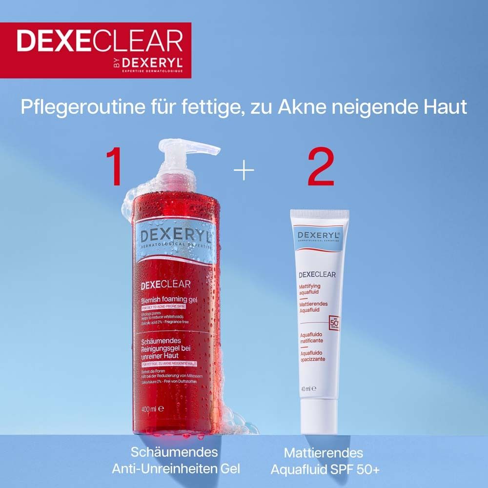 Zwei Produkte. Aufschrift: DEXECLAR. Schaumendes Anti-Unreinheiten Gel und mattierendes Aquafuid SPF 50+.