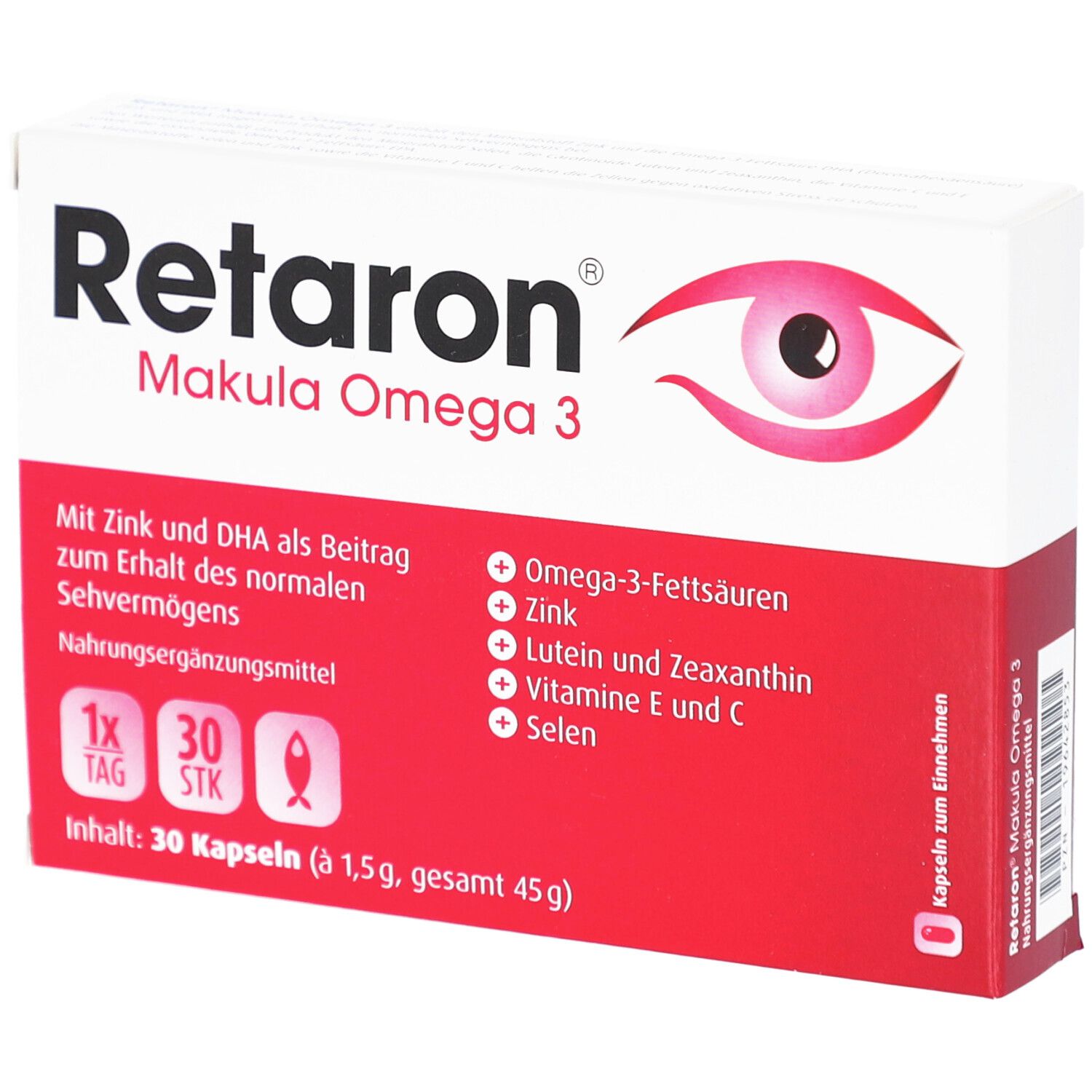 Retaron Makula Omega 3. Weiße Schachtel mit rotem Akzent. Enthält 30 Kapseln. Aufschrift: Zink, DHA, Omega-3-Fettsäuren, Lutein, Vitamin E und C.