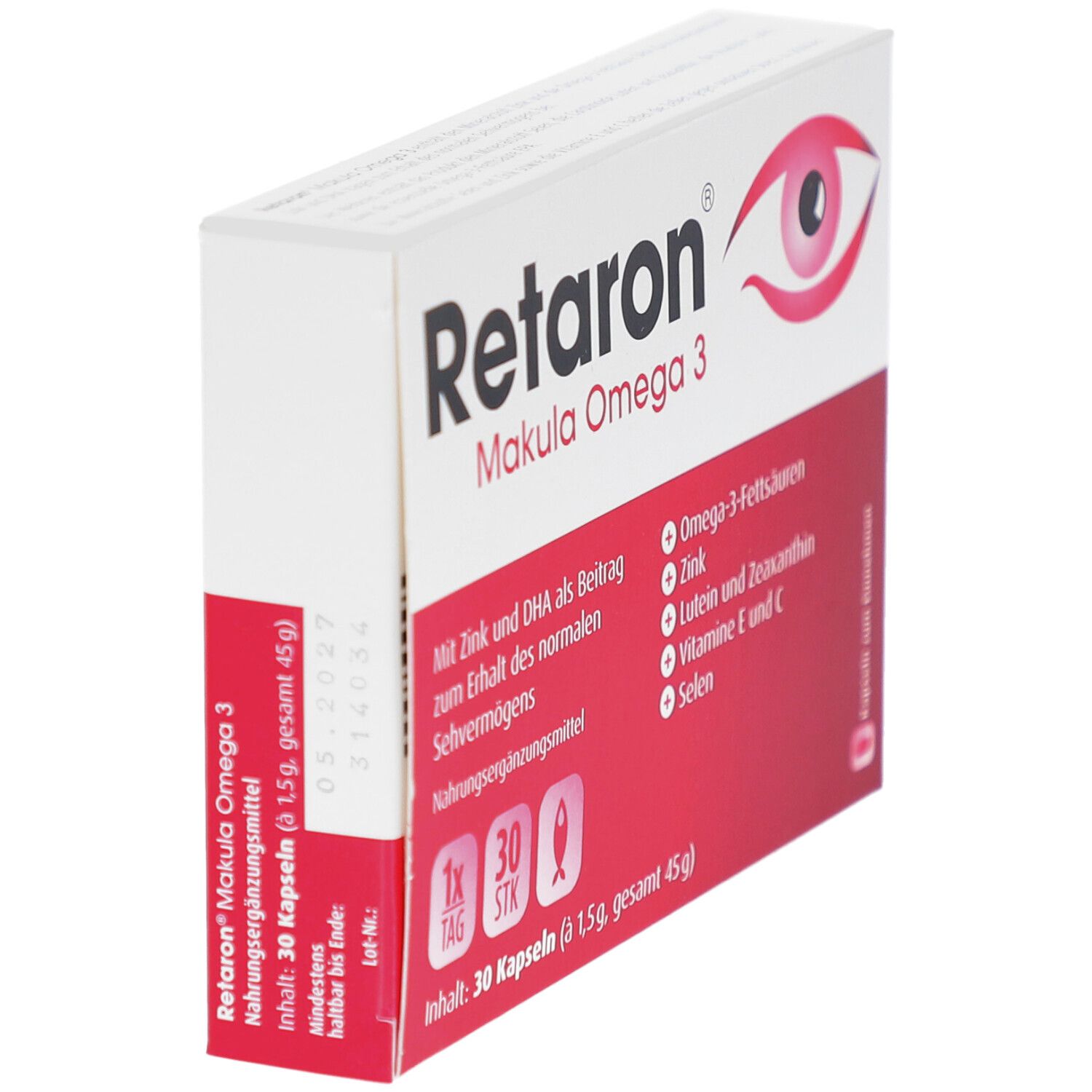 Retaron Makula Omega 3-Verpackung. Weiße Schachtel mit rotem Akzent. Enthält 30 Kapseln. Aufschrift: Zink, DHA, Omega-3-Fettsäuren, Lutein, Vitamin E und C.