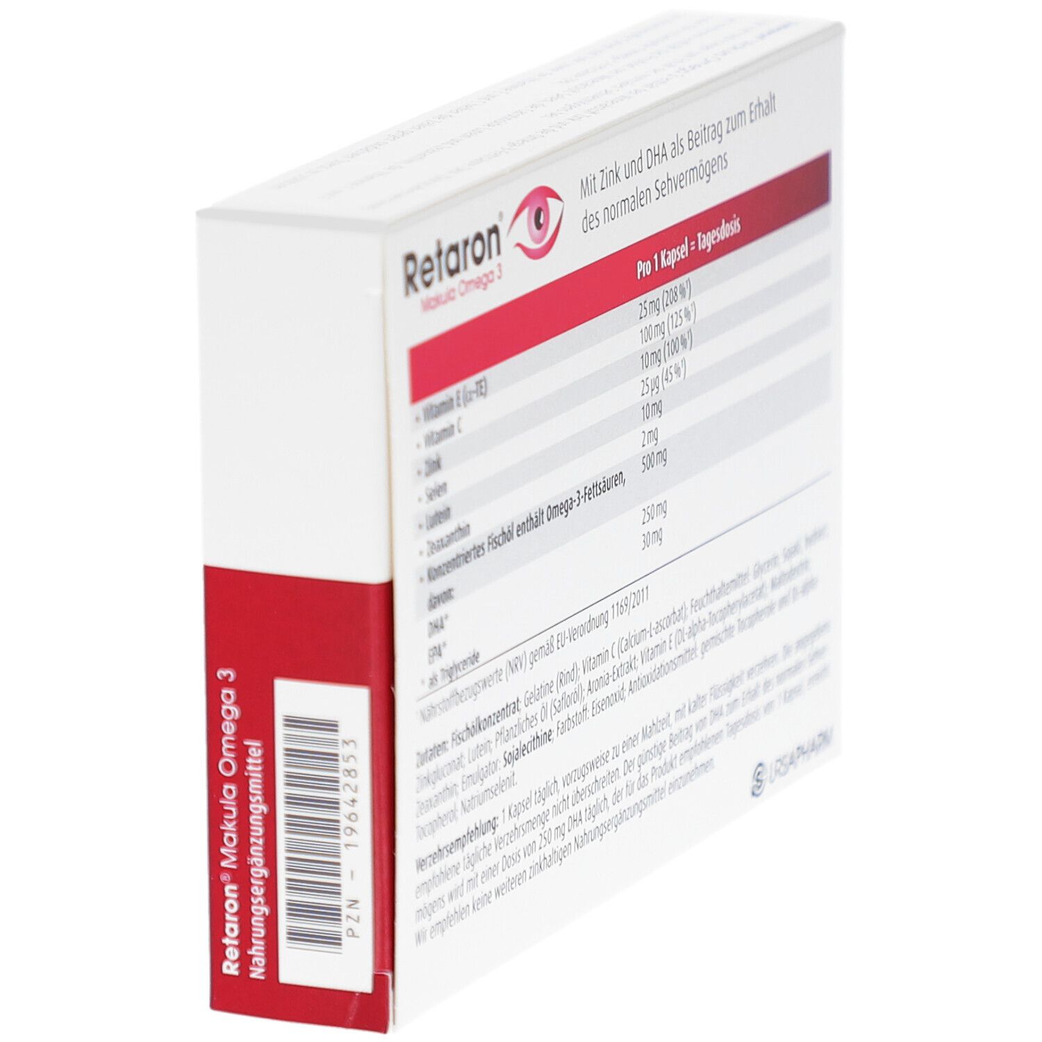 Seitenansicht der Retaron Makula Omega 3-Verpackung. Enthält Nährwertangaben. Aufschrift: Zink, DHA, Omega-3-Fettsäuren, Lutein, Vitamin E und C.
