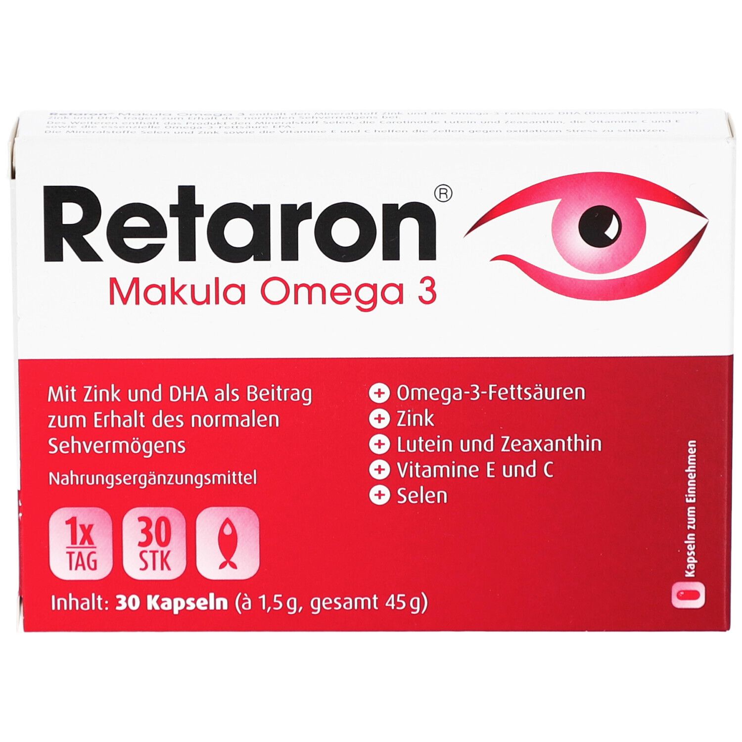 Retaron Makula Omega 3. Weiße Schachtel mit rotem Akzent. Enthält 30 Kapseln. Aufschrift: Zink, DHA, Omega-3-Fettsäuren, Lutein, Vitamin E und C.