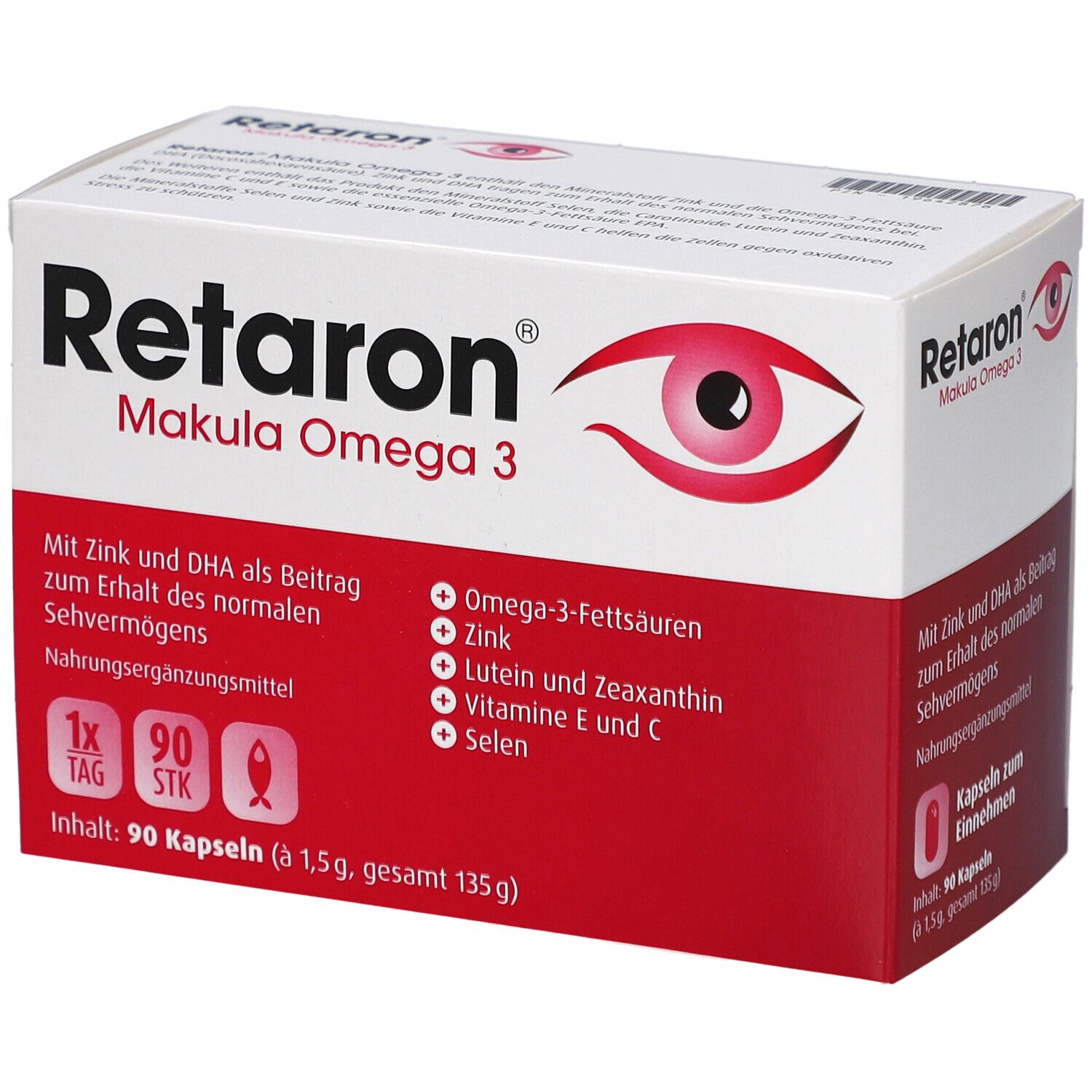 Retaron Makula Omega 3 Kapseln. Weiße Schachtel mit roter Schrift und Augensymbol. Enthält 90 Kapseln. Nahrungsergänzungsmittel.