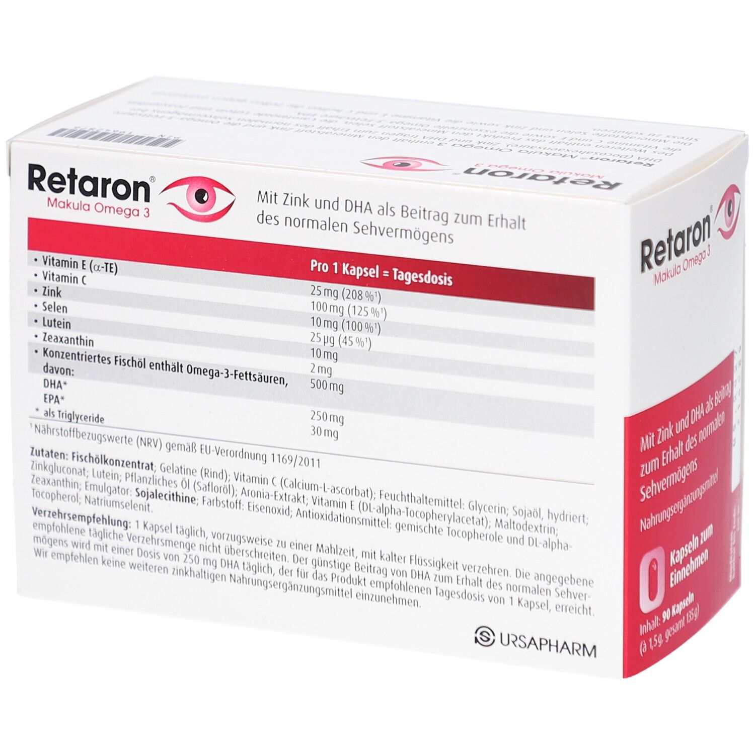 Retaron Makula Omega 3 Kapseln. Weiße Schachtel mit roter Schrift und Augensymbol. Nährwertangaben pro Kapsel. Nahrungsergänzungsmittel.