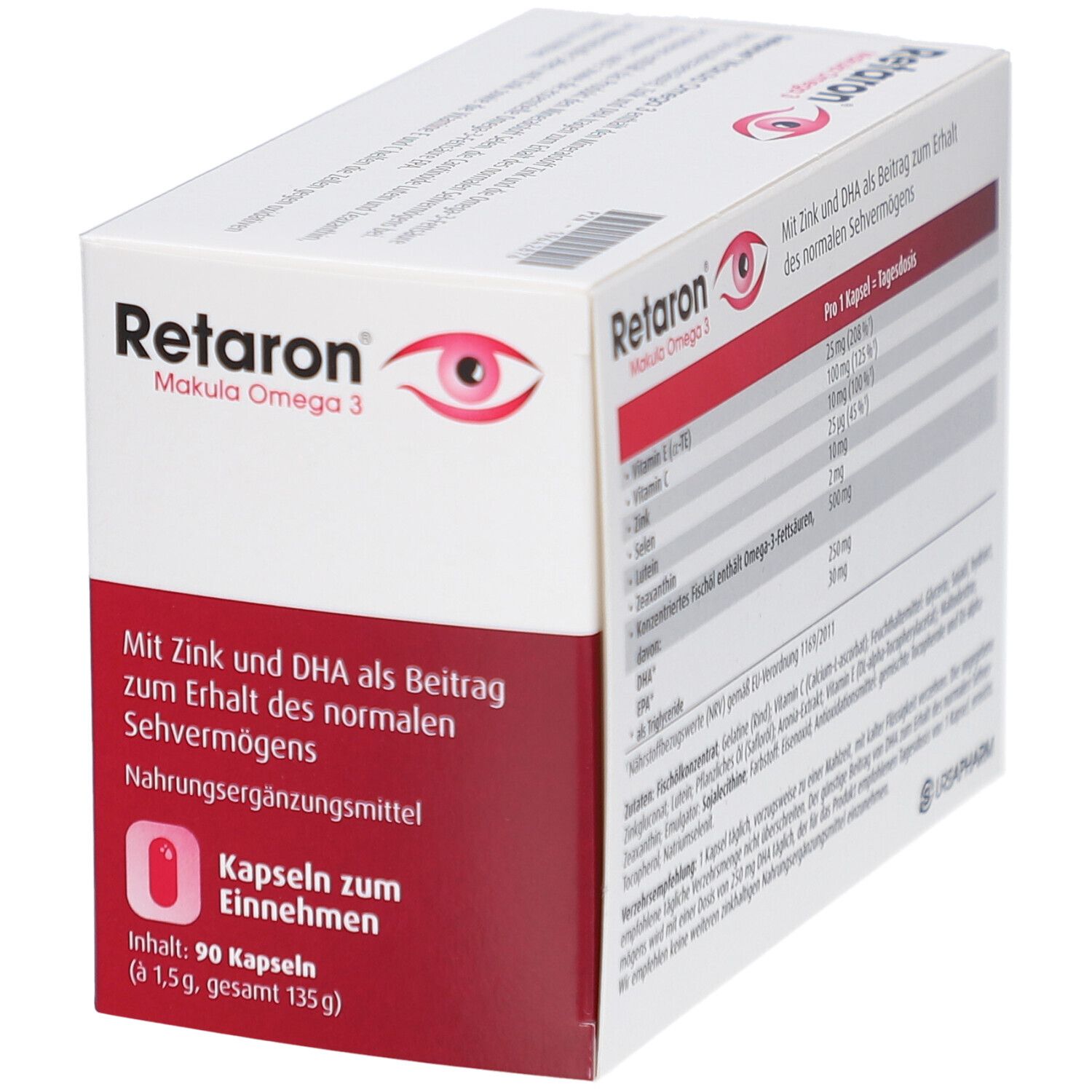 Retaron Makula Omega 3 Kapseln. Weiße Schachtel mit roter Schrift und Augensymbol. Nährwertangaben pro Kapsel. Nahrungsergänzungsmittel.