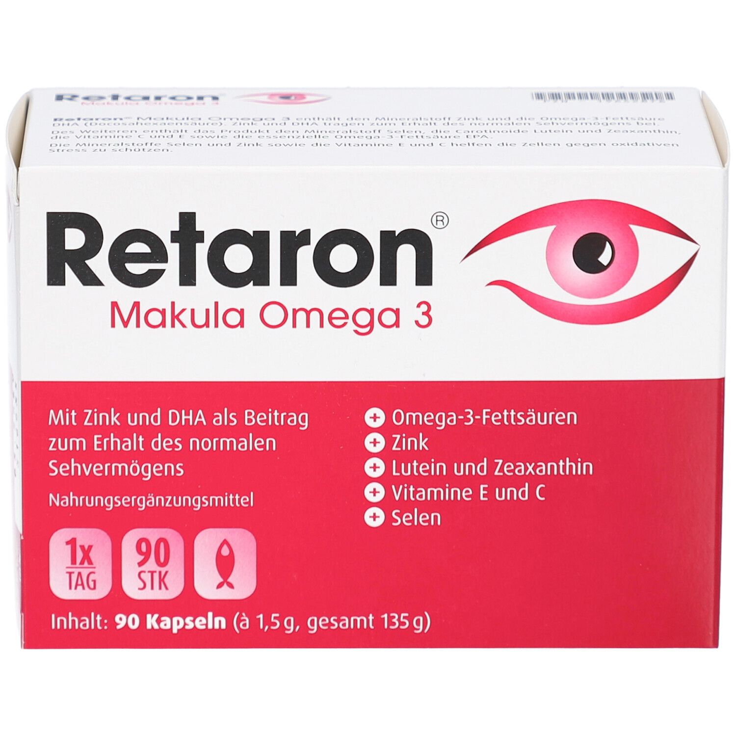 Retaron Makula Omega 3 Kapseln. Weiße Schachtel mit roter Schrift und Augensymbol. 90 Kapseln. Nahrungsergänzungsmittel.