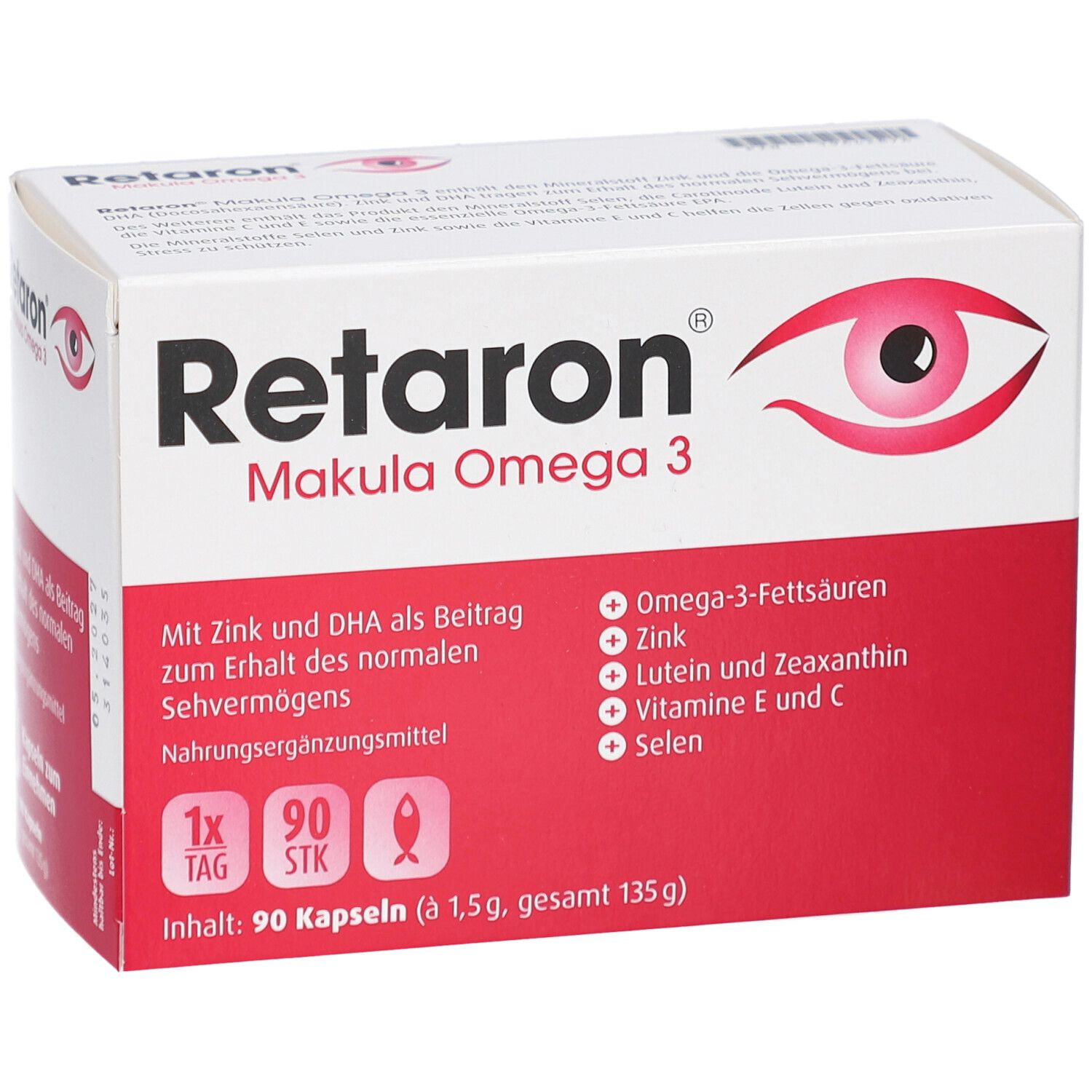 Retaron Makula Omega 3 Kapseln. Weiße Schachtel mit roter Schrift und Augensymbol. 90 Kapseln. Nahrungsergänzungsmittel.