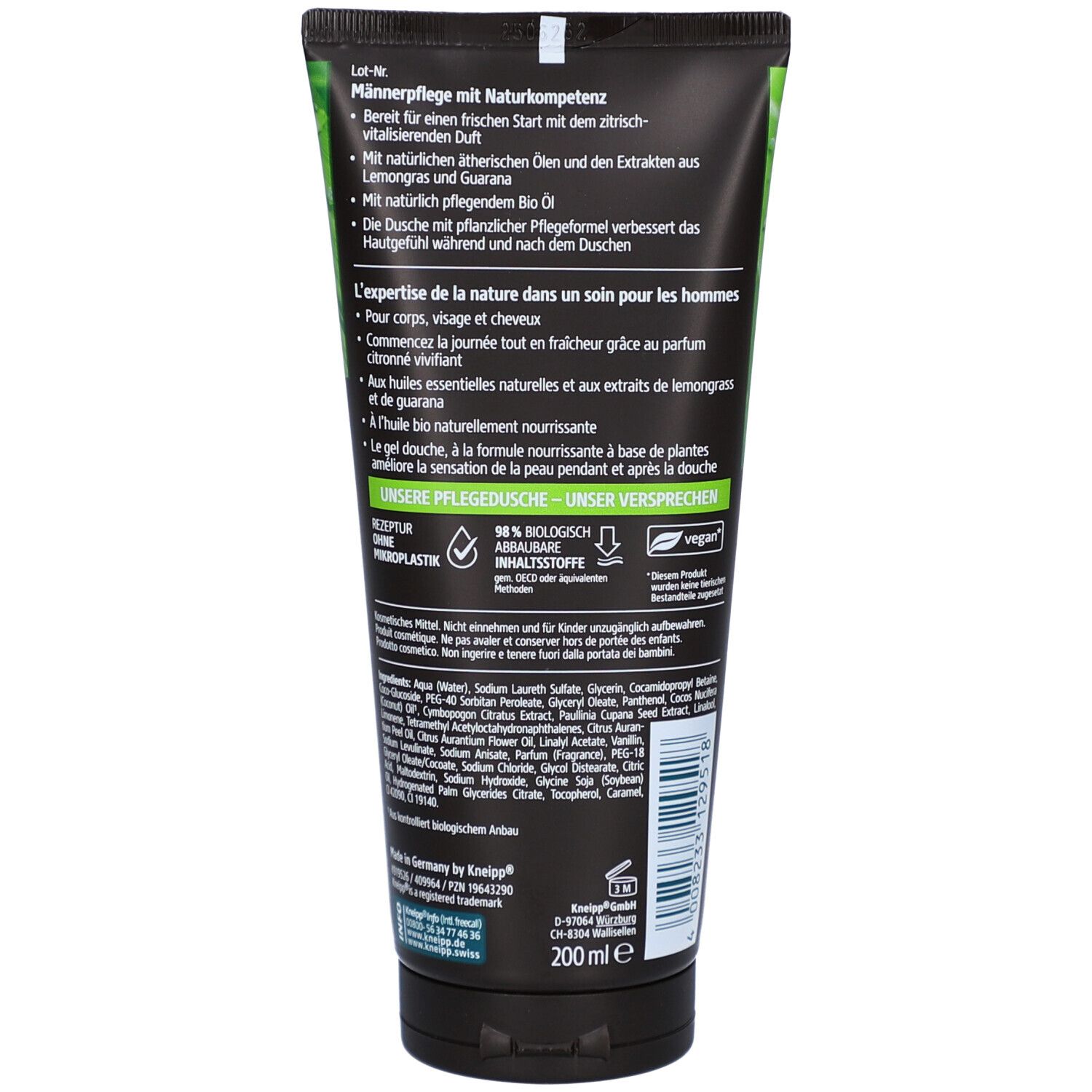 Rückseite der grünen Tube. Text in Deutsch und Französisch. Enthält Informationen über Inhaltsstoffe und Hersteller.