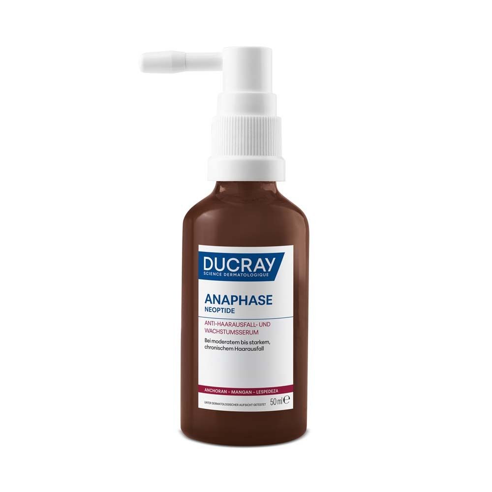 Braune Flasche mit weißem Sprühkopf. Aufschrift: DUCRAY ANAPHASE NEOPTIDE Anti-Haarausfall-Serum.