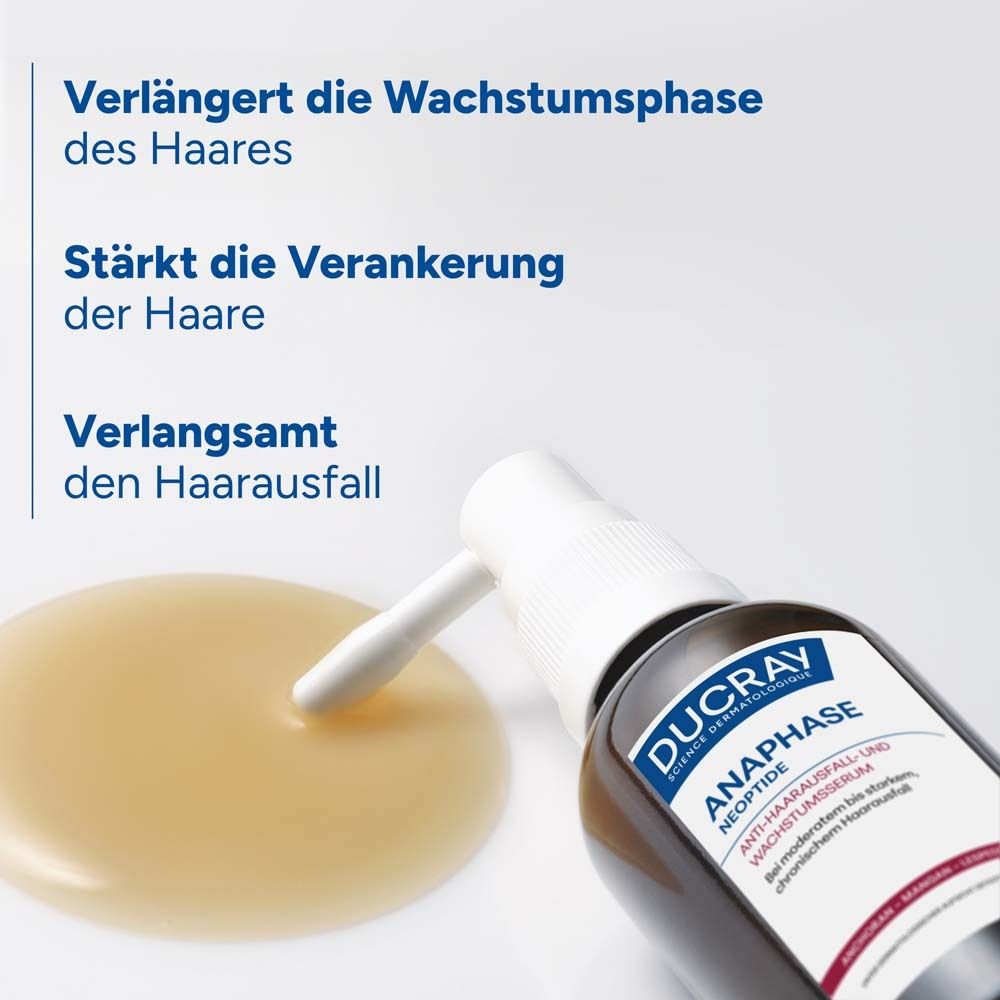 Produkt und Flüssigkeit. Text: Verlängert die Wachstumsphase des Haares, Stärkt die Verankerung der Haare.