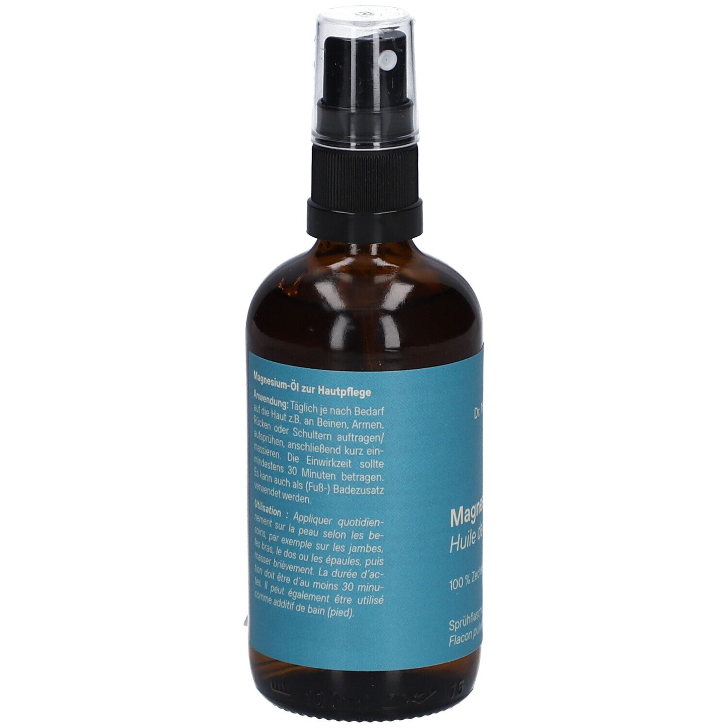 Braune Glasflasche mit Sprühkopf. Türkisfarbenes Etikett mit Text. Rückseite mit Anwendungshinweisen.