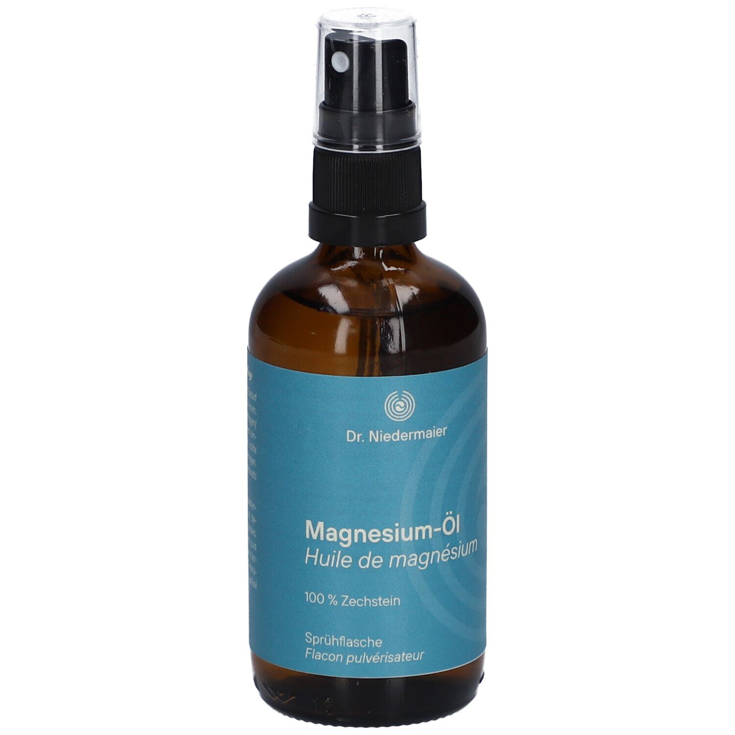 Braune Glasflasche mit Sprühkopf. Aufschrift: Magnesium-Öl, Dr. Niedermaier. Türkisfarbenes Etikett.