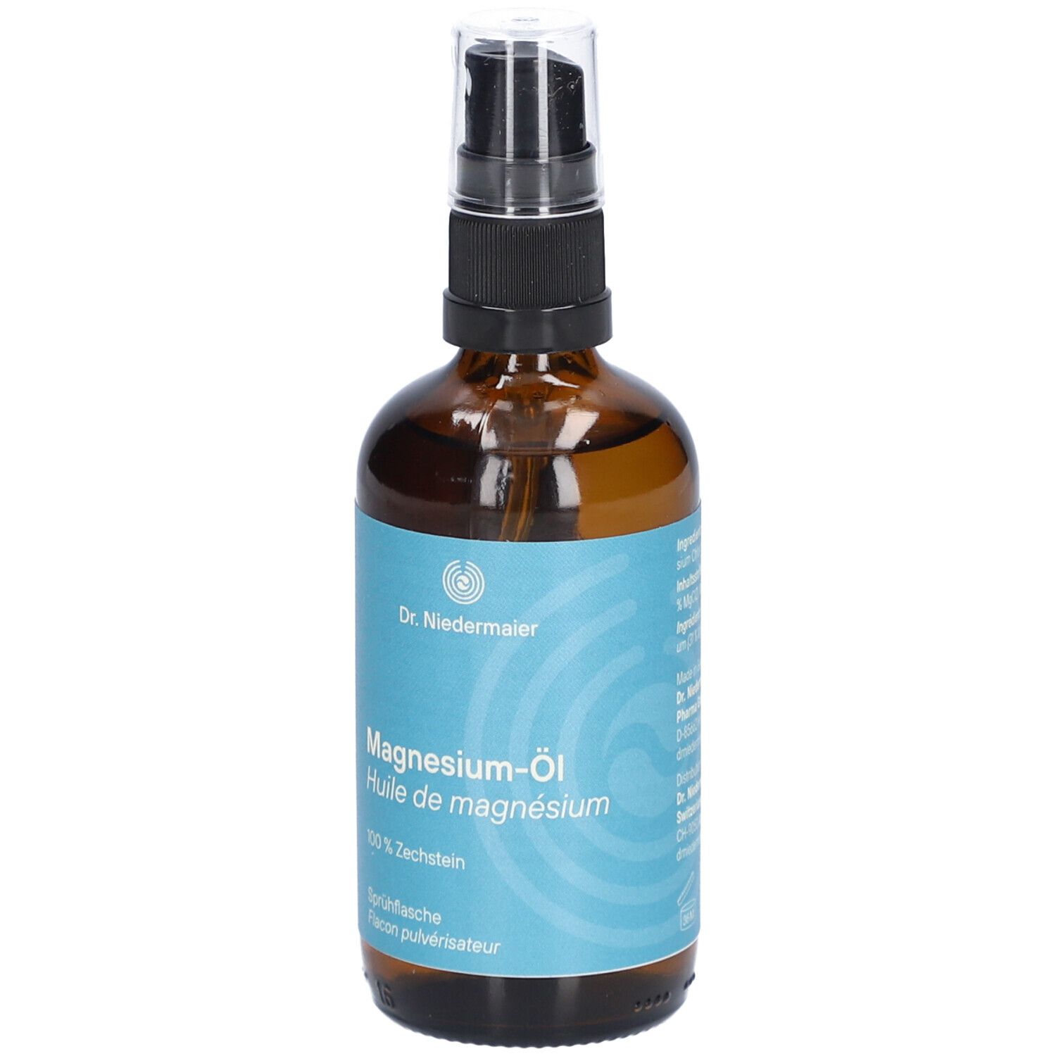Braune Glasflasche mit Sprühkopf. Aufschrift: Magnesium-Öl, Dr. Niedermaier. Türkisfarbenes Etikett.