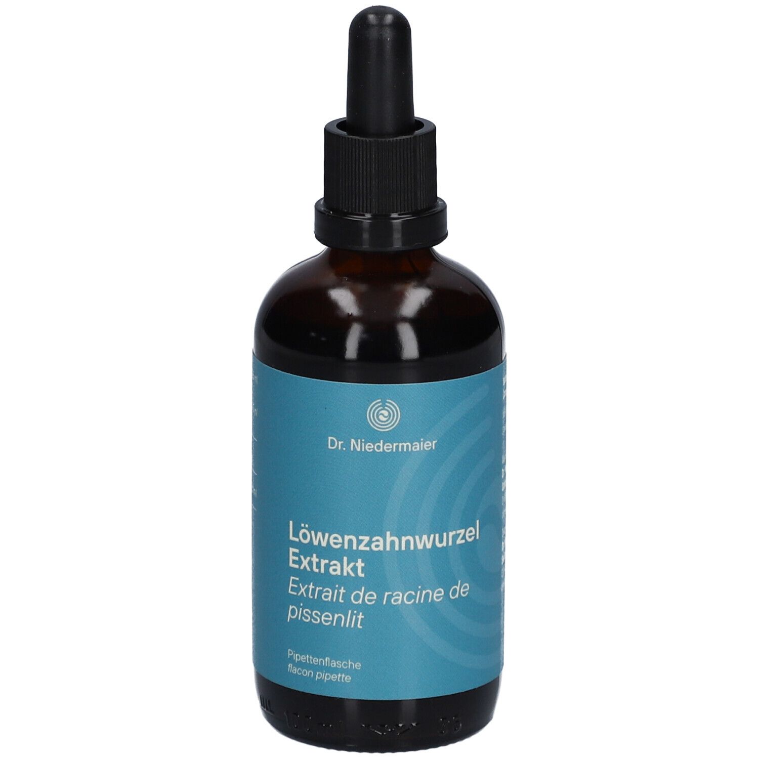 Braune Glasflasche mit schwarzem Verschluss und Pipette. Blaues Etikett mit Produktbezeichnung und Logo.