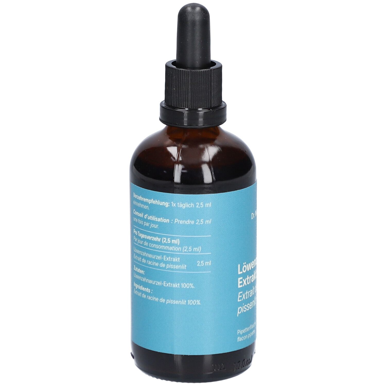 Braune Glasflasche mit blauem Etikett. Text mit Dosierungsempfehlung und Inhaltsstoffen.