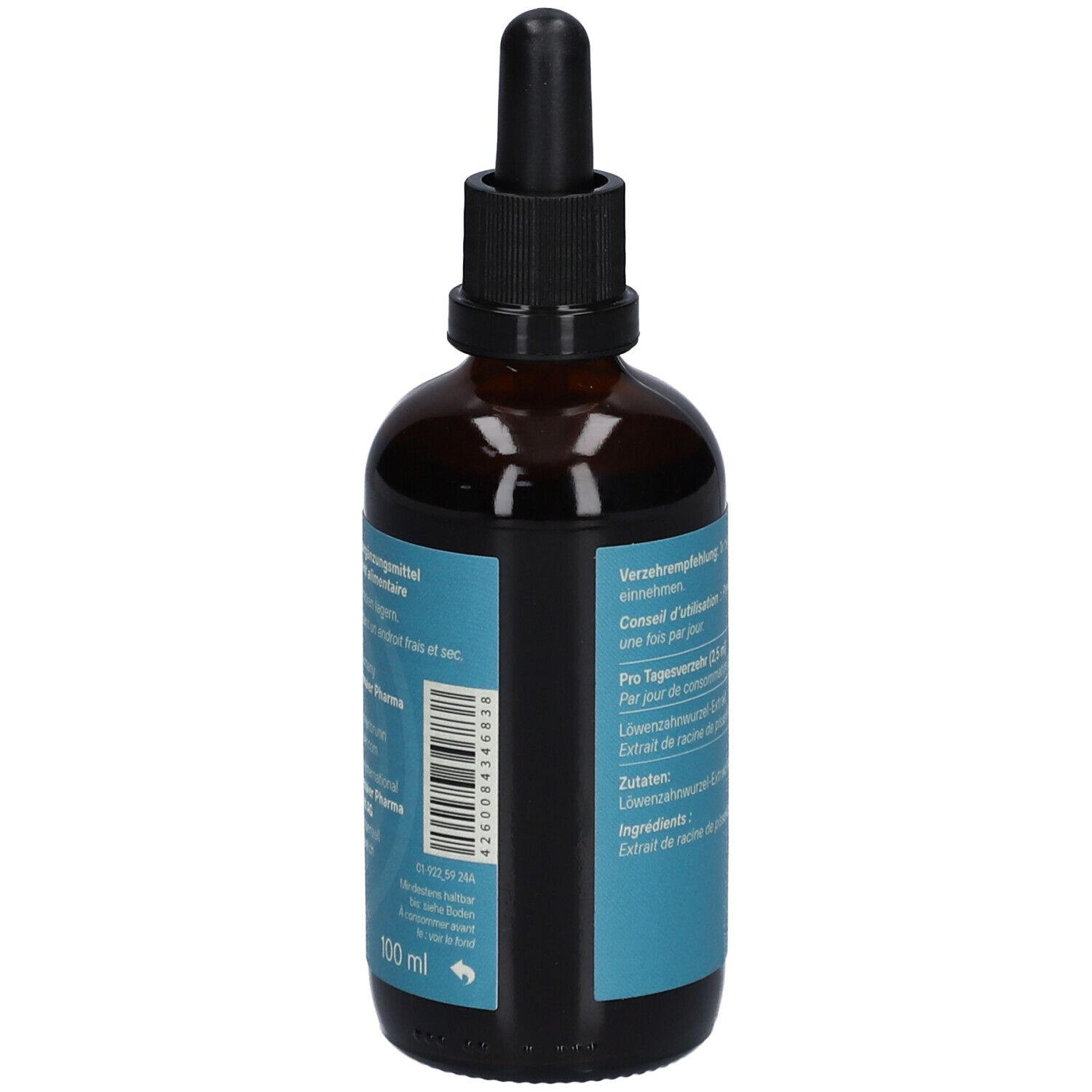 Braune Glasflasche mit blauem Etikett. Barcode und Text mit Dosierungsempfehlung und Inhaltsstoffen.