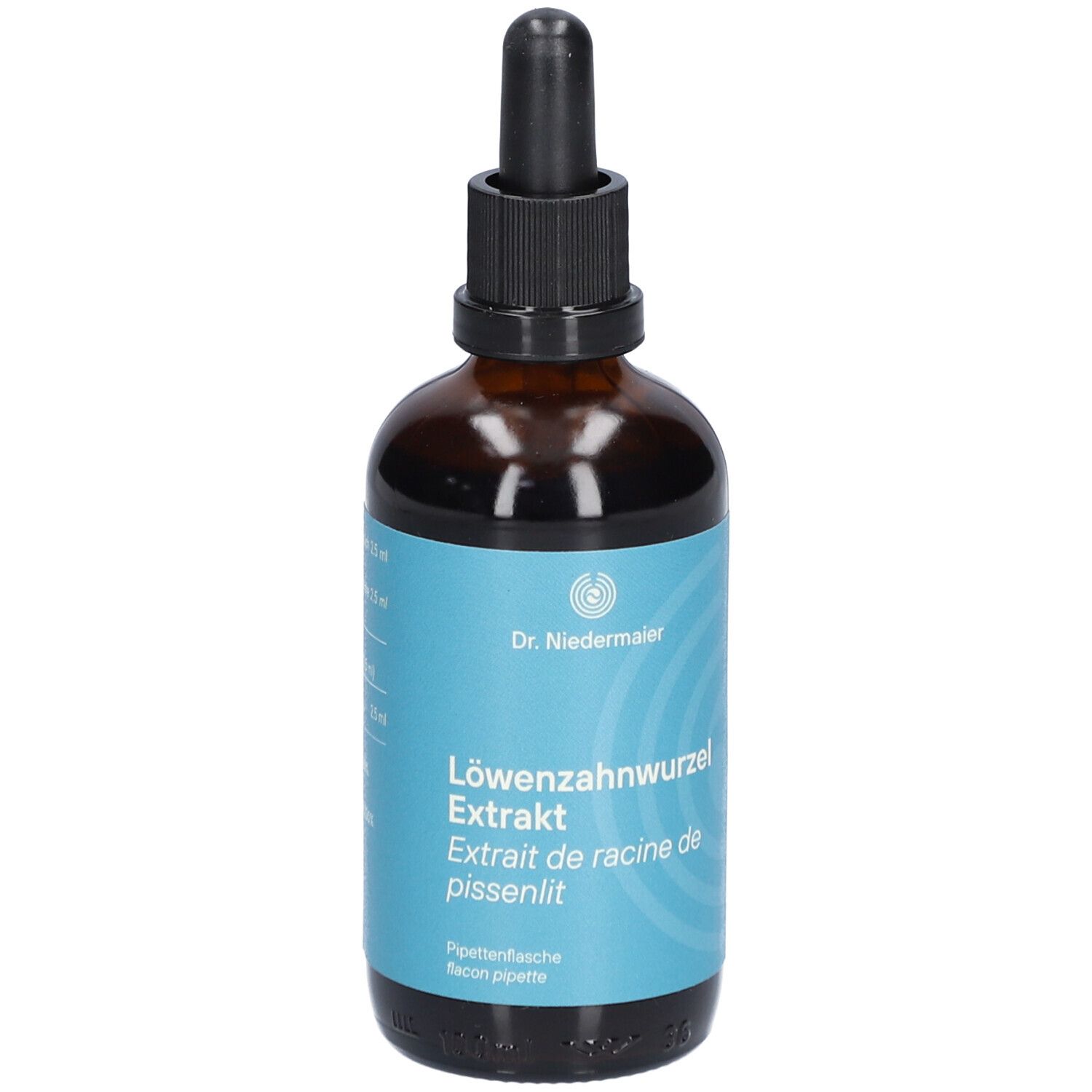 Braune Glasflasche mit schwarzem Verschluss und Pipette. Blaues Etikett mit Produktbezeichnung.