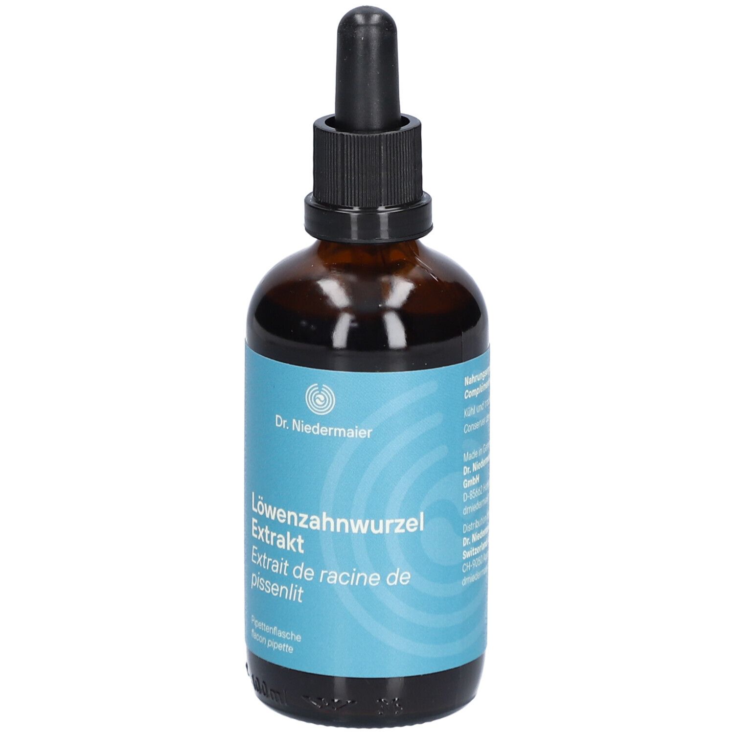 Braune Glasflasche mit schwarzem Verschluss und Pipette. Blaues Etikett mit Produktbezeichnung und Logo.
