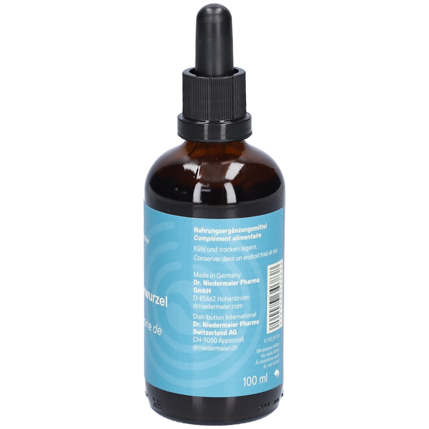 Braune Glasflasche mit blauem Etikett. Text mit Herstellerinformationen und Inhaltsangabe.