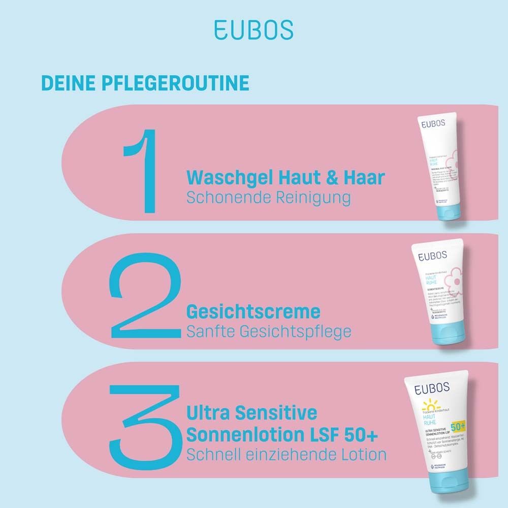 EUBOS® HAUT RUHE Pflegeroutine. 3 Produkte. Waschgel, Gesichtscreme, Sonnenlotion LSF 50+.