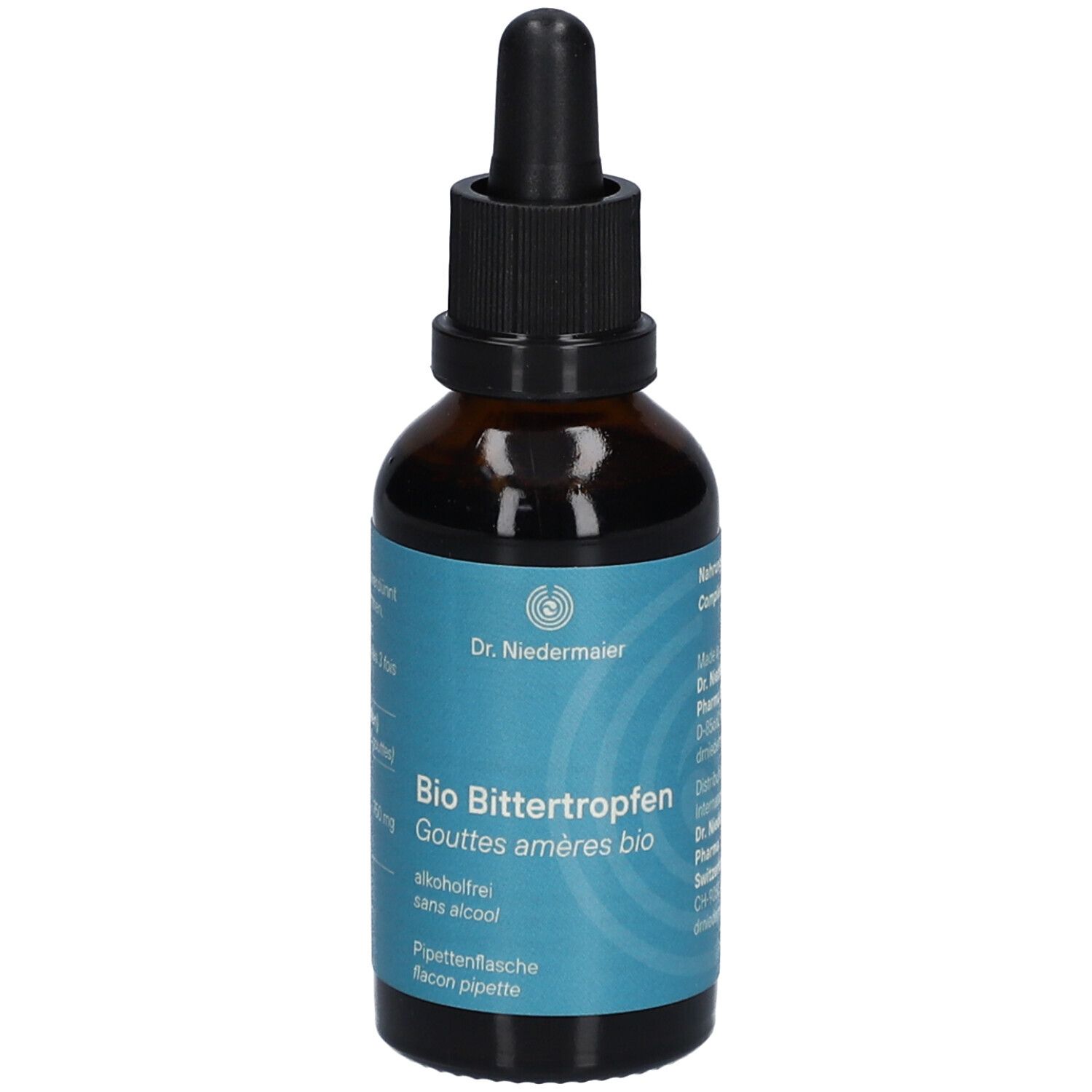 Braune Glasflasche mit schwarzem Verschluss und Pipette. Aufschrift: Bio Bittertropfen, alkoholfrei. Türkisfarbenes Etikett.