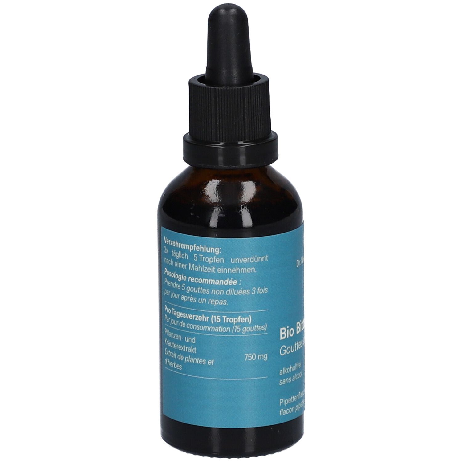 Braune Glasflasche mit schwarzem Verschluss und Pipette. Aufschrift: Bio Bittertropfen, alkoholfrei. Türkisfarbenes Etikett mit Dosierung.