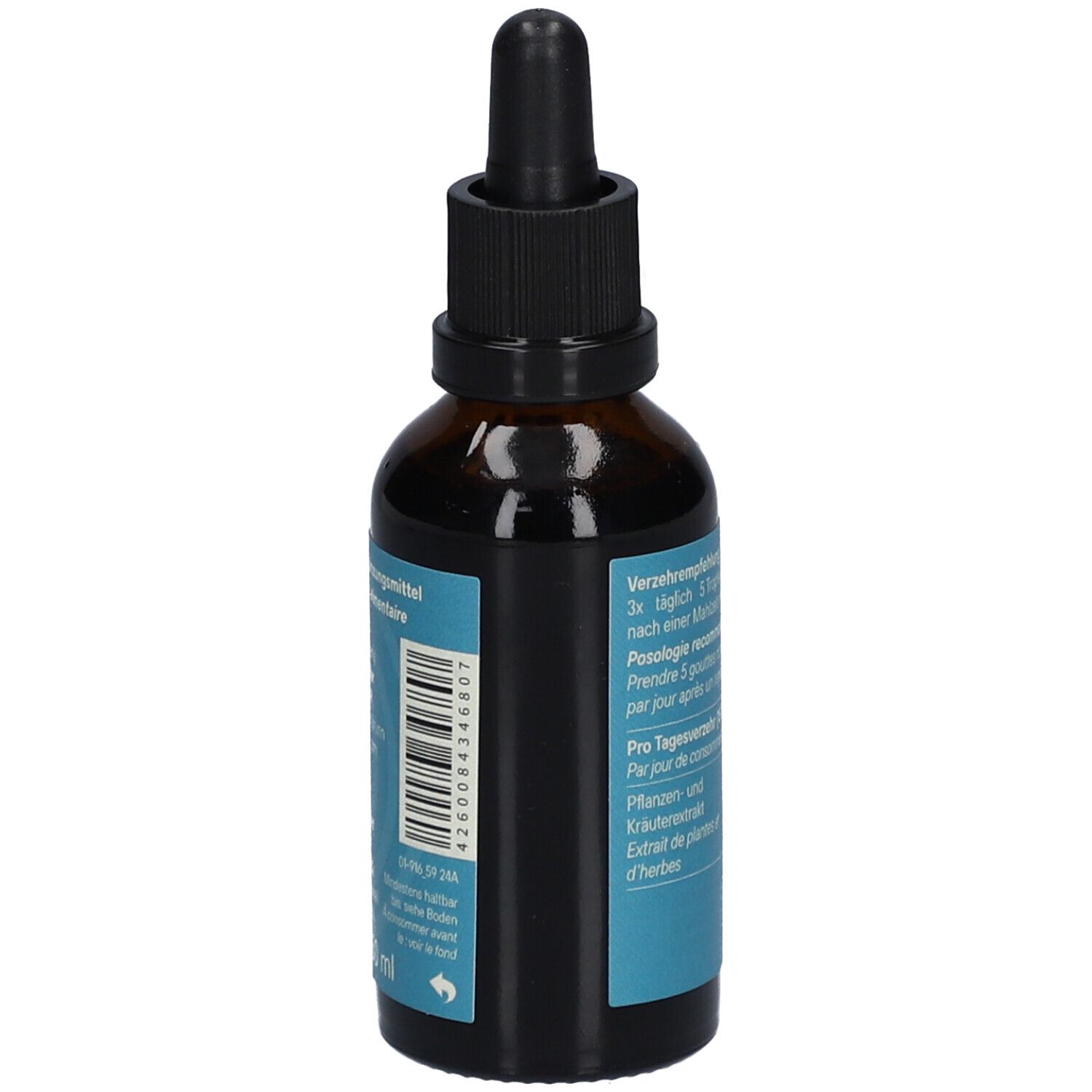 Braune Glasflasche mit schwarzem Verschluss und Pipette. Aufschrift: Bio Bittertropfen, alkoholfrei. Türkisfarbenes Etikett mit Barcode.
