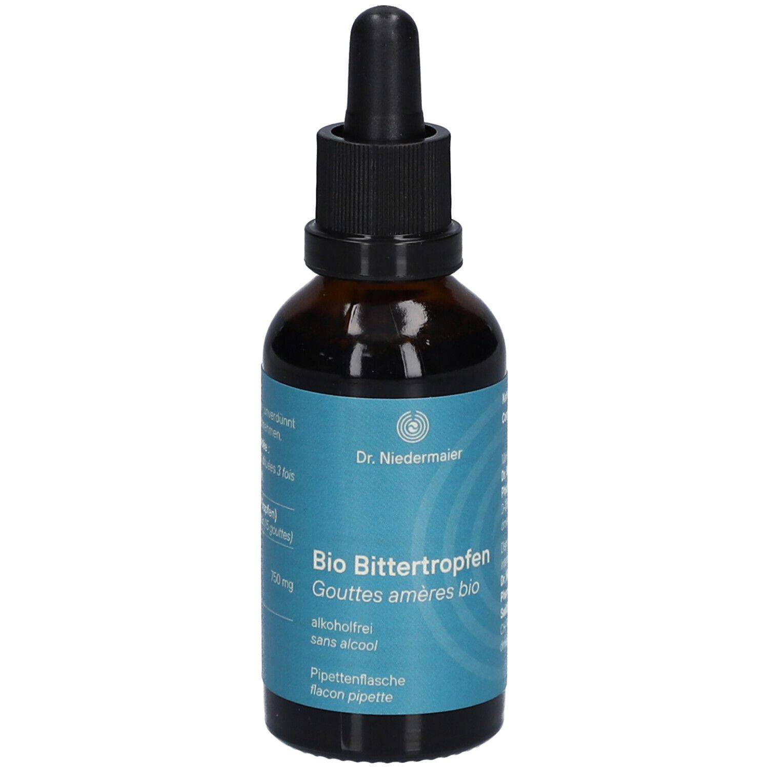 Braune Glasflasche mit schwarzem Verschluss und Pipette. Aufschrift: Bio Bittertropfen, alkoholfrei. Türkisfarbenes Etikett.