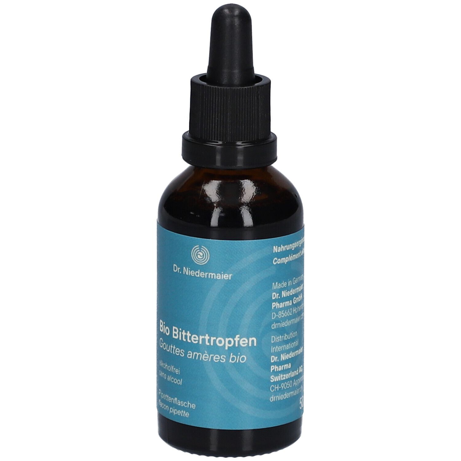 Braune Glasflasche mit schwarzem Verschluss und Pipette. Aufschrift: Bio Bittertropfen, alkoholfrei. Türkisfarbenes Etikett. Dr. Niedermeier.