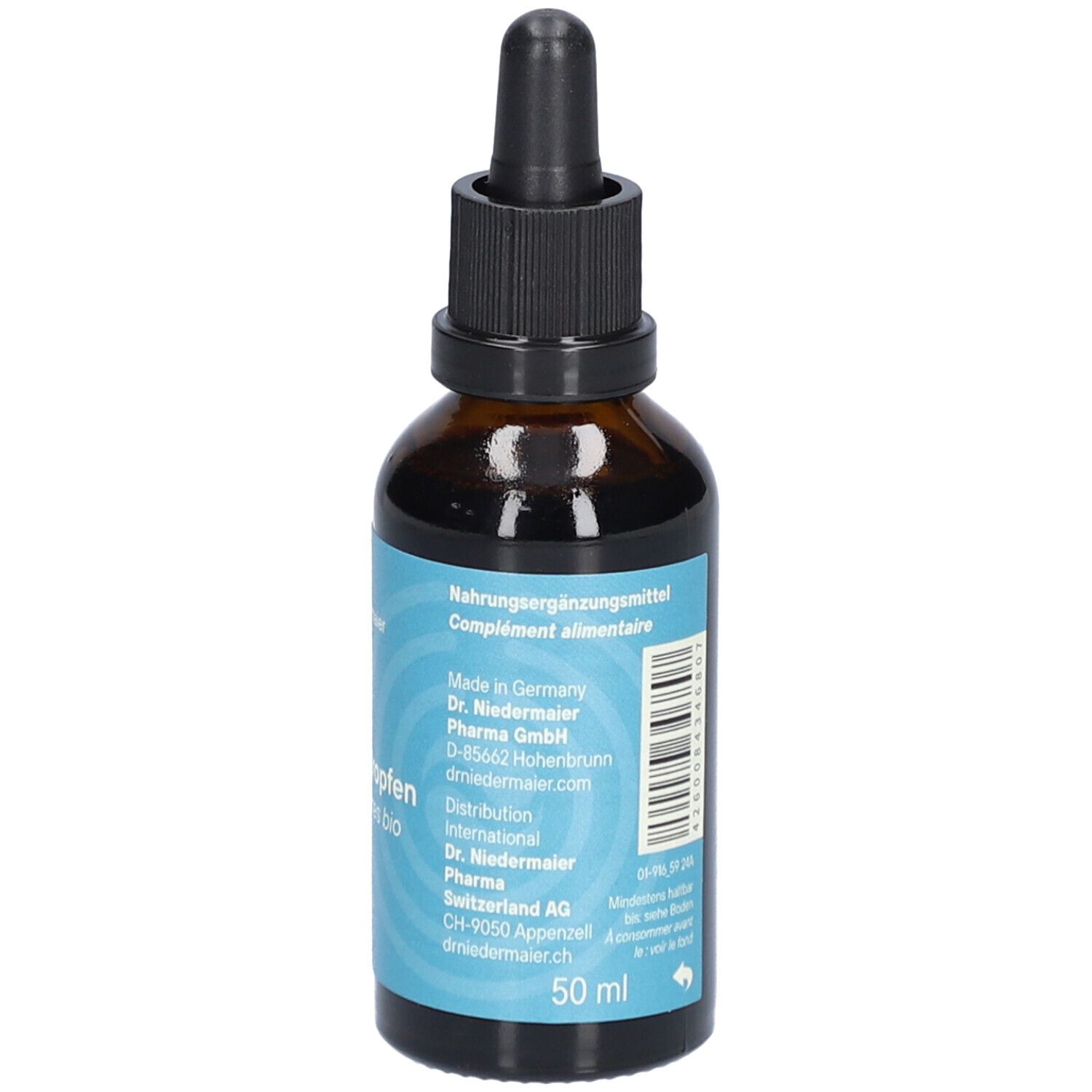 Braune Glasflasche mit schwarzem Verschluss und Pipette. Aufschrift: Bio Bittertropfen, alkoholfrei. Türkisfarbenes Etikett. 50 ml.