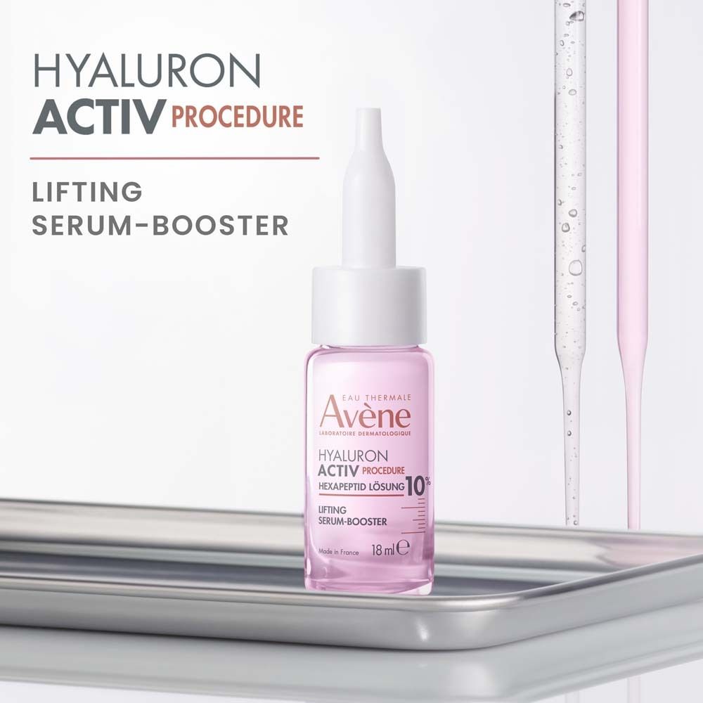 Rosa Flasche mit weißem Aufsatz. Aufschrift: HYALURON ACTIV PROCEDURE, Lifting Serum-Booster. Pipetten.