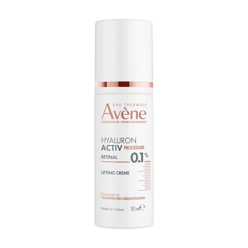 Weiße Flasche mit Sprühkopf. Aufschrift: Eau Thermale Avène, HYALURON ACTIV PROCEDURE, Lifting Creme, Retinal 0.1%.