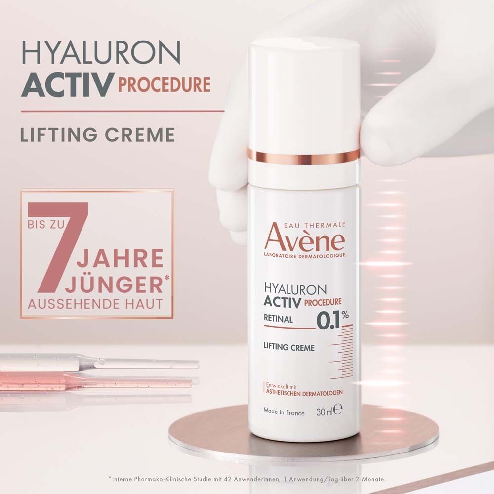 Produktflasche mit Text. Text: HYALURON ACTIV PROCEDURE, Lifting Creme. Bis zu 7 Jahre jünger aussehende Haut.