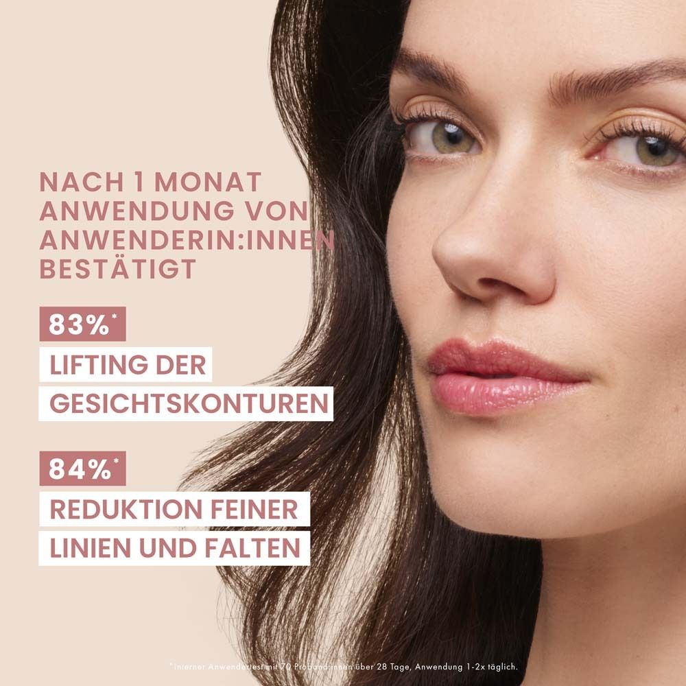 Frau mit Gesicht. Text: 83% Lifting der Gesichtskonturen, 84% Reduktion feiner Linien und Falten.