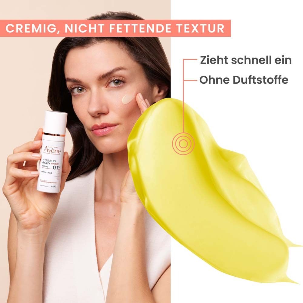 Frau mit Produkt. Text: Cremige, nicht fettende Textur. Zieht schnell ein. Ohne Duftstoffe.