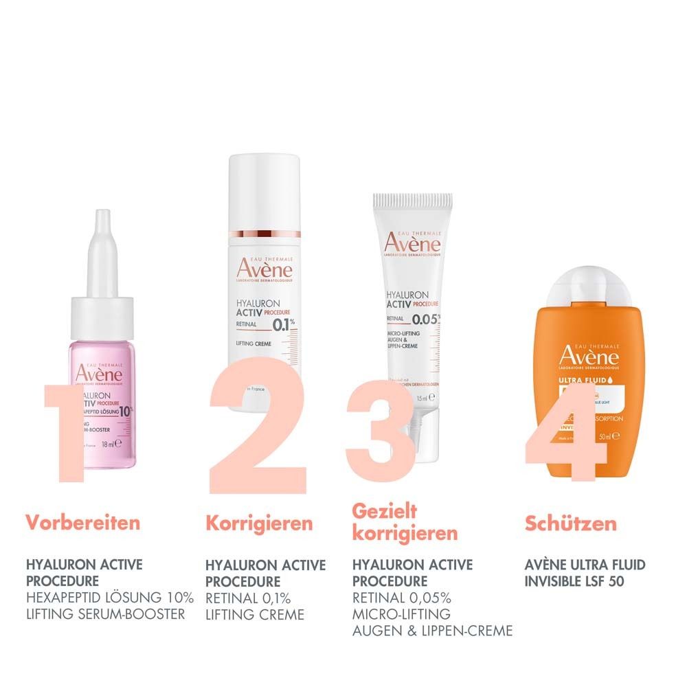 Vier Produkte: Hyaluron Activ Procedure Lifting Serum, Creme, Micro-Lifting Augencreme, Ultra Fluid LSF 50.