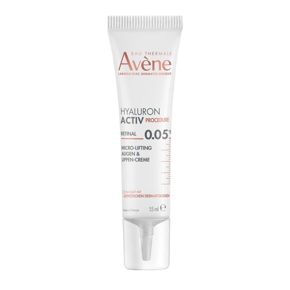 Creme-Tube mit Aufschrift. Marke: Avène. Produkt: HYALURON ACTIV PROCEDURE. Enthält Retinal 0,05%. 15 ml.