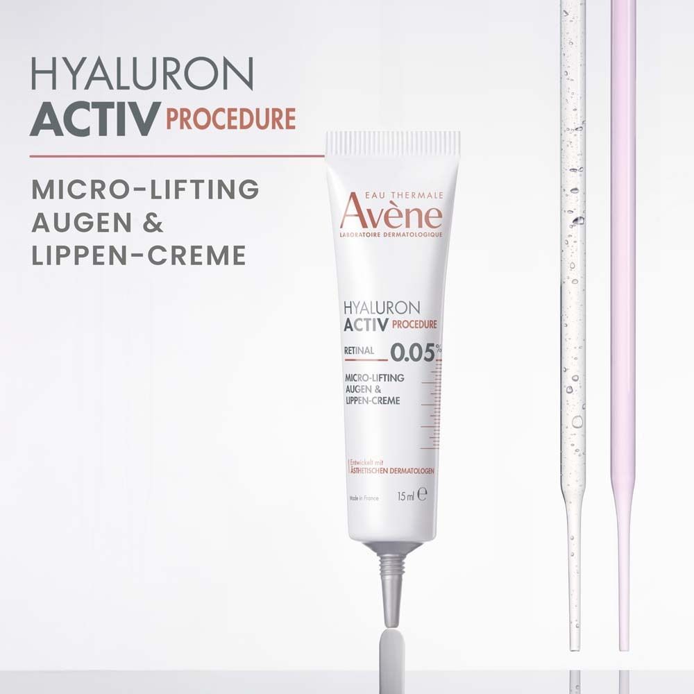 Creme-Tube mit Aufschrift. Marke: Avène. Produkt: HYALURON ACTIV PROCEDURE. Enthält Retinal 0,05%.