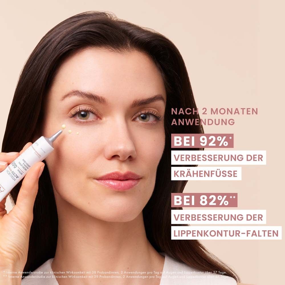 Frau trägt Creme auf. Text: Verbesserung der Krähenfüße und Lippenkontur-Falten. Produkt: HYALURON ACTIV PROCEDURE.