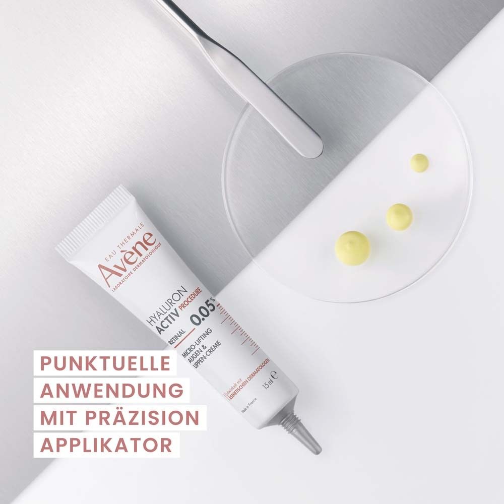 Creme-Tube mit Aufschrift. Marke: Avène. Produkt: HYALURON ACTIV PROCEDURE. Enthält Retinal 0,05%.
