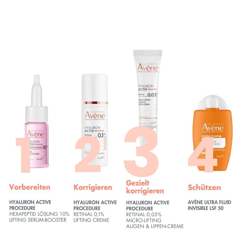 Vier Produkte. 1: Serum. 2: Creme. 3: Creme. 4: Sonnenschutz. Marke: Avène. Produkt: HYALURON ACTIV PROCEDURE.