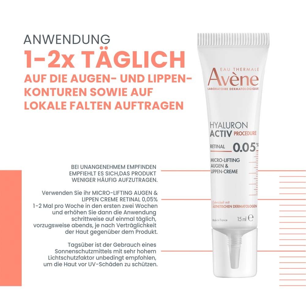 Creme-Tube mit Aufschrift. Marke: Avène. Produkt: HYALURON ACTIV PROCEDURE. Enthält Retinal 0,05%.