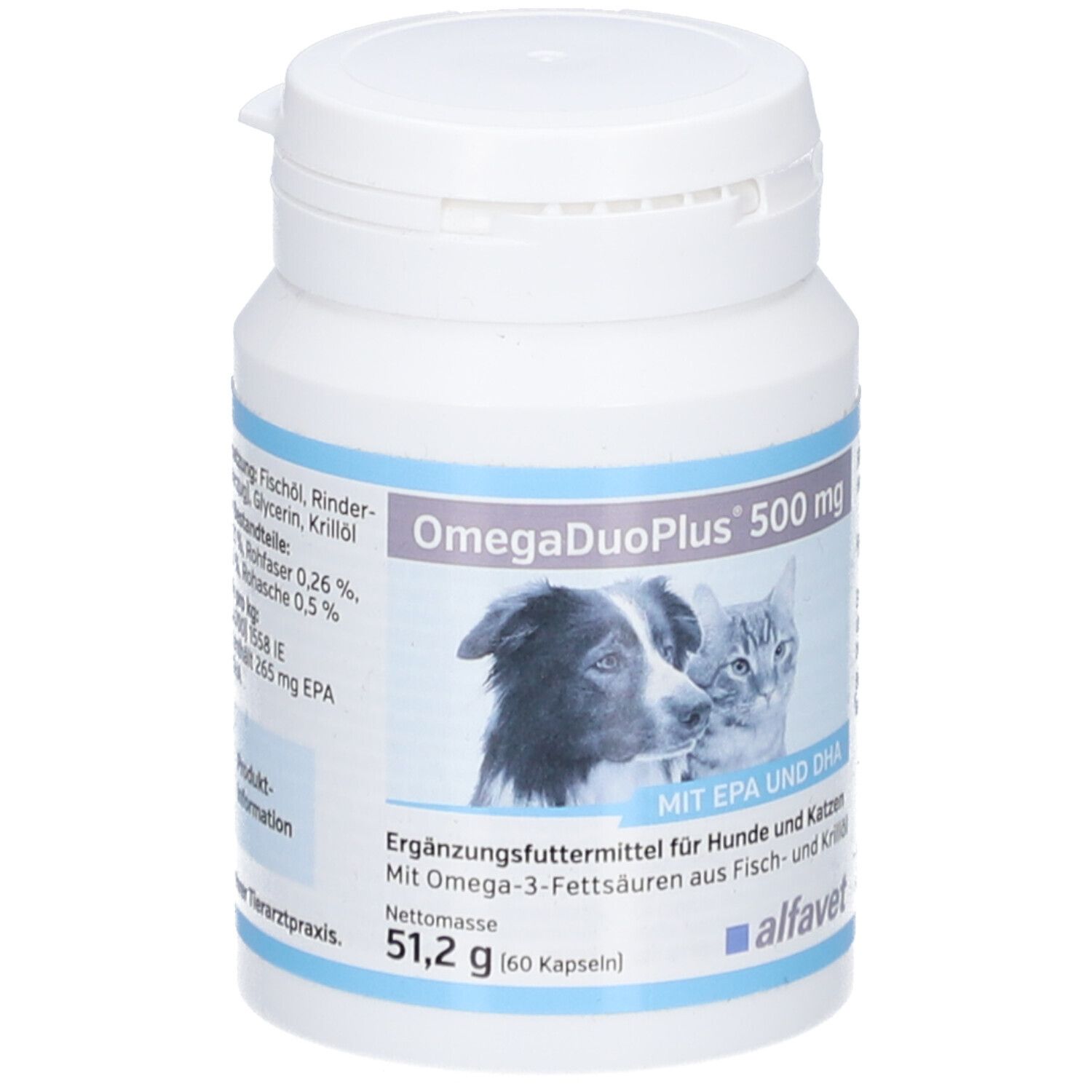 Weiße Flasche mit OmegaDuoPlus 500 mg. Abbildung von Hund und Katze. Text: Mit EPA und DHA. 51,2 g (60 Kapseln).