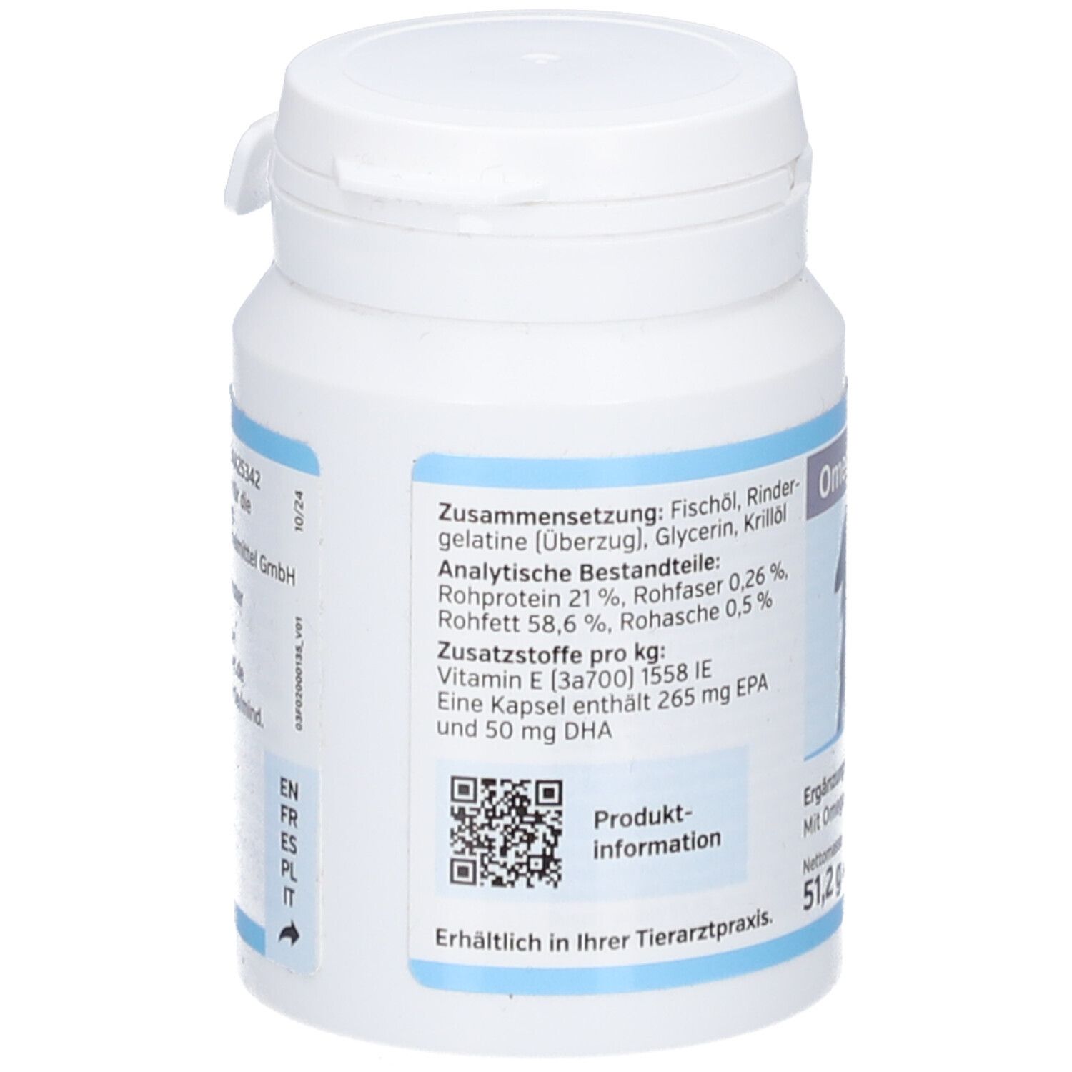 Weiße Flasche, Rückseite mit Text. Zusammensetzung, analytische Bestandteile, Vitamin E. QR-Code. Produkt-Information. Erhältlich in Tierarztpraxis.