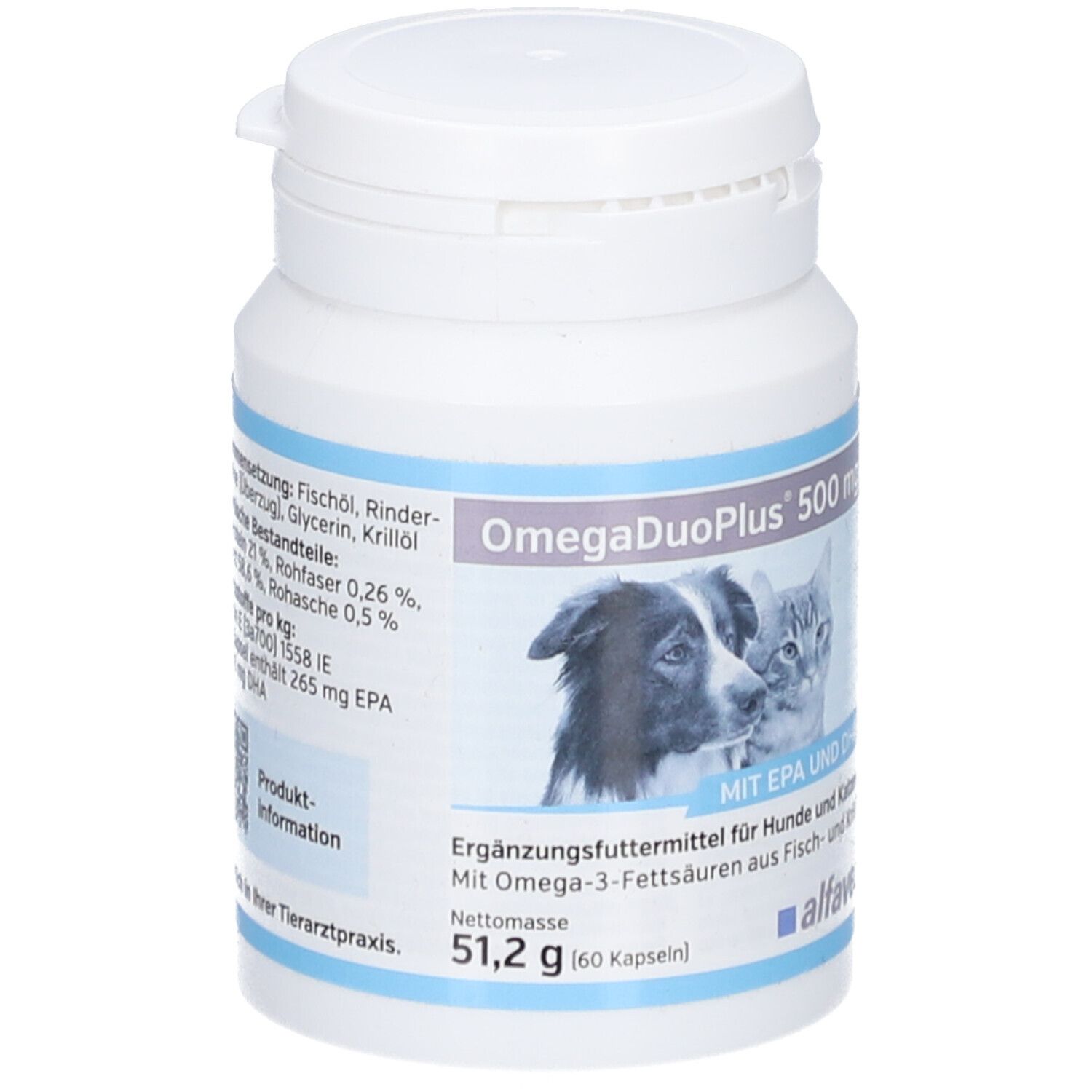 Weiße Flasche mit OmegaDuoPlus 500 mg. Abbildung von Hund und Katze. Text: Mit EPA und DHA. 51,2 g (60 Kapseln).