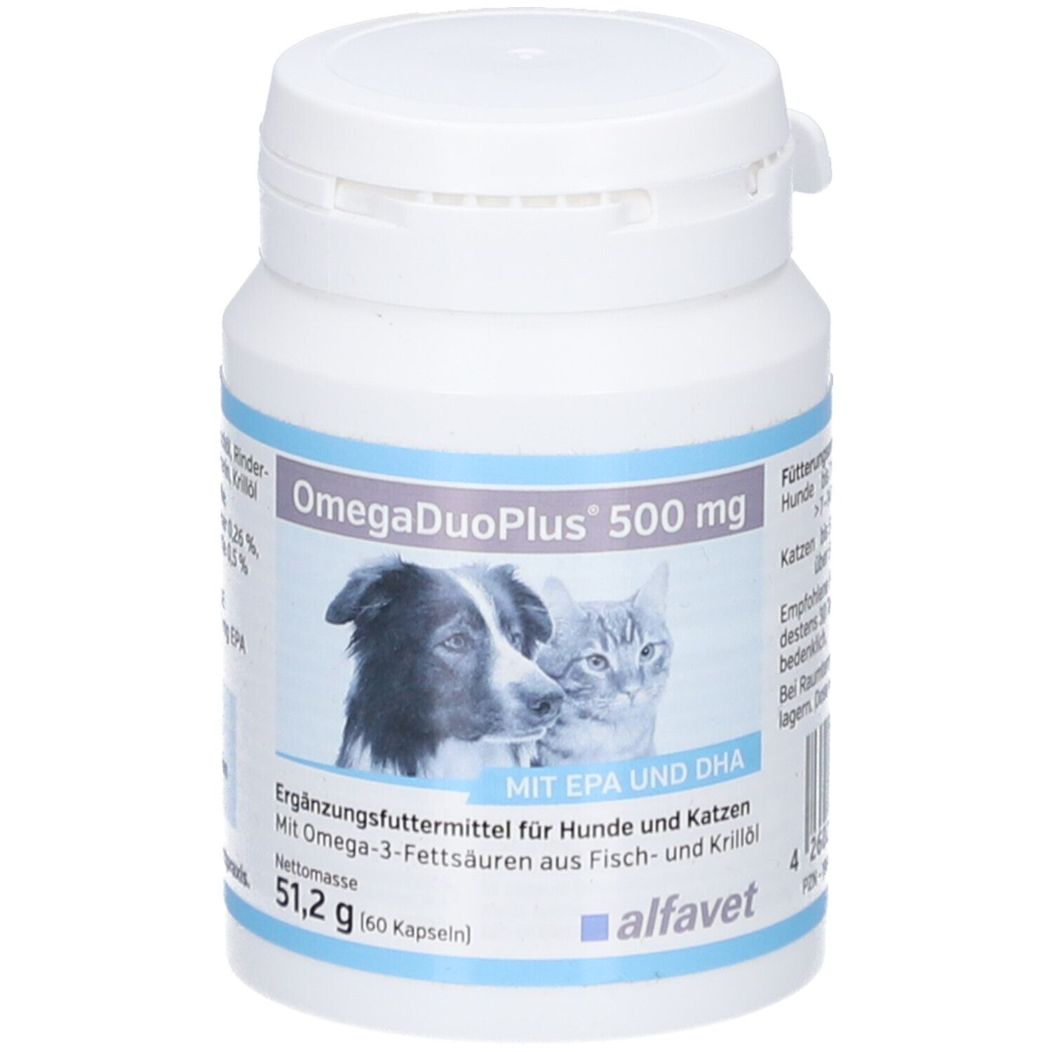 Weiße Flasche mit OmegaDuoPlus 500 mg. Abbildung von Hund und Katze. Text: Mit EPA und DHA. 51,2 g (60 Kapseln).