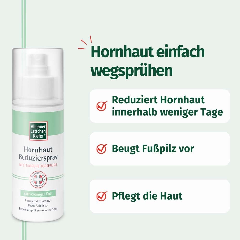 Spray mit Text. Aufschrift: Hornhaut Reduzierspray, Allgäuer Latschenkiefer®. Reduziert Hornhaut, beugt Fußpilz vor.